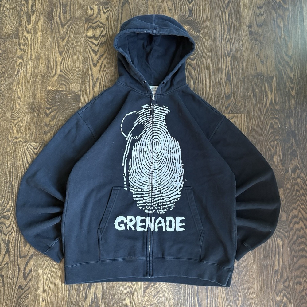 VTG 00s Grenade Gloves Zip Up Hoodie XL Black Y2K Skate Snow Fingerprint Grunge